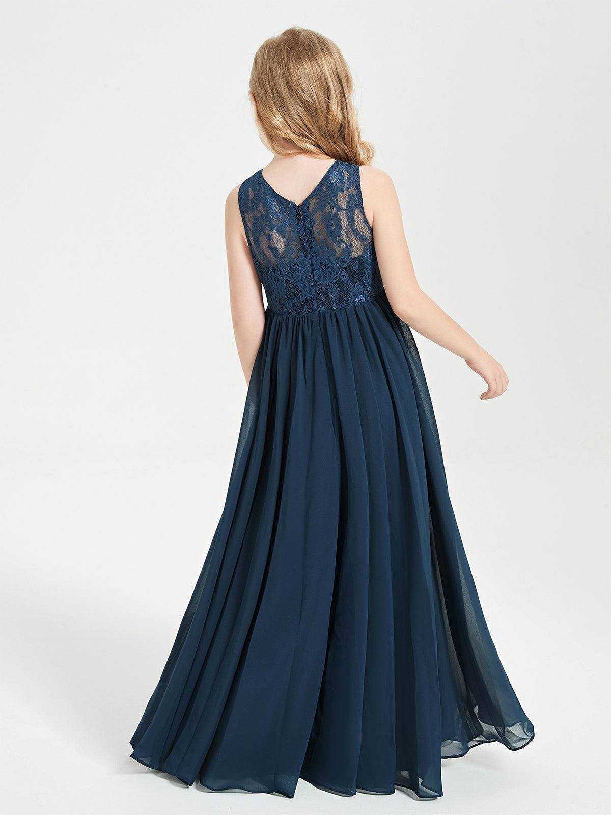 Long Junior Bridesmaid Dresses Illusion Lace Top Dark Navy